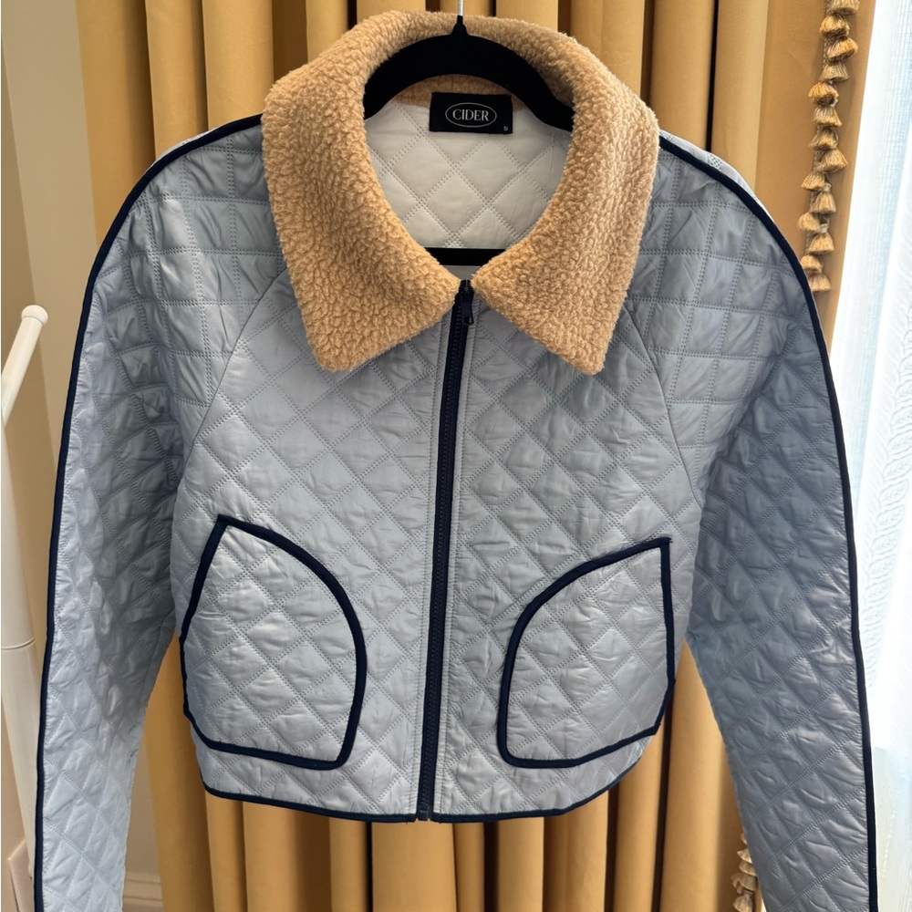 Cider Blue and Tan Puffer Jacket with Quilted Design